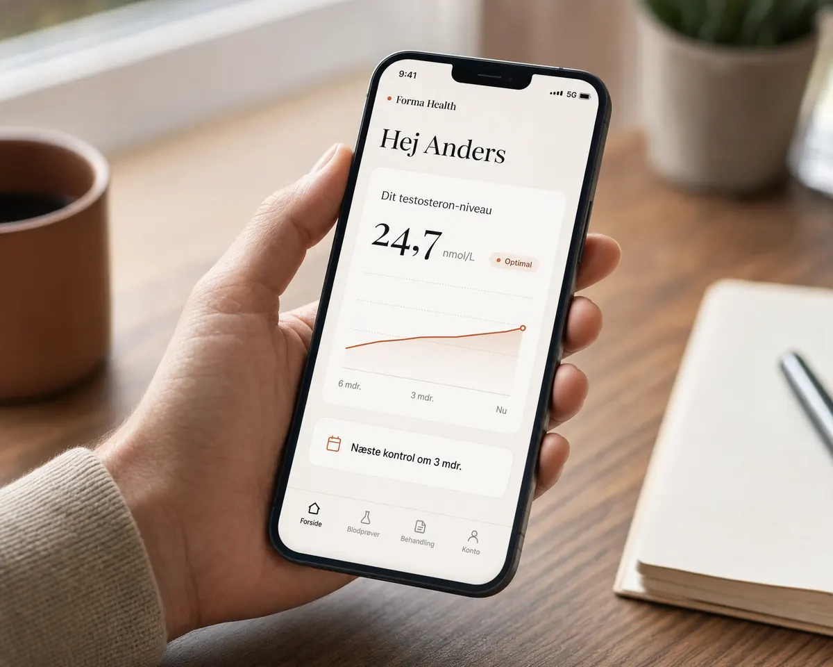 Forma Health-appen på mobiltelefon med testosteron-niveau og trendgraf.