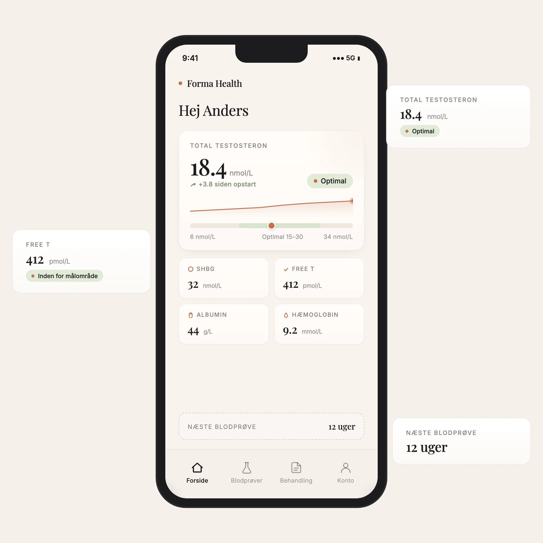 Forma Health patient-portal på mobiltelefon med blodprøveresultater, status og opfølgning.